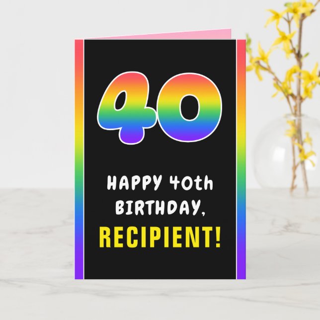 40th Birthday: Colorful Rainbow # 40, Custom Name Card (Yellow Flower)