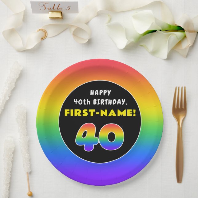 40th Birthday: Colorful Rainbow # 40, Custom Name Paper Plates (Wedding)