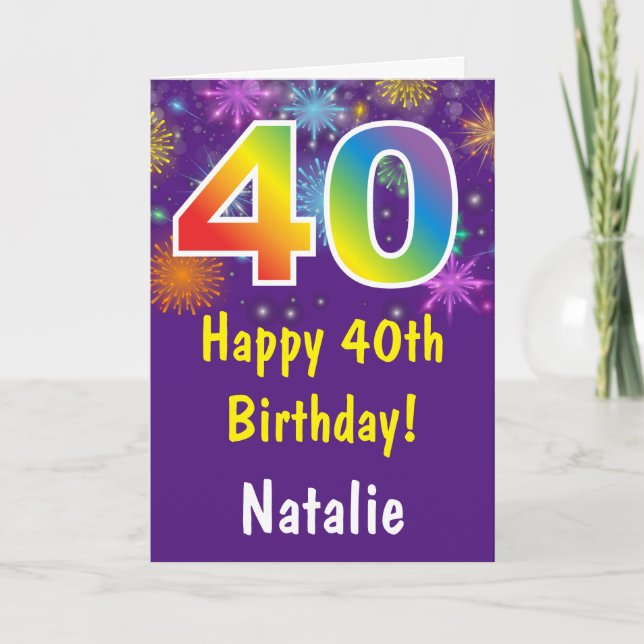 40th Birthday Colorful Rainbow Fireworks Purple Card (Front)