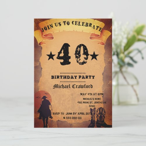 40th birthday cowboy old paper horse riding party invitation