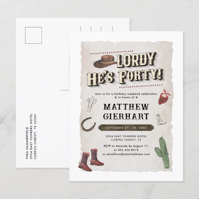 40th Birthday Cowboy Rodeo Party Retro Invitation Postcard | Zazzle