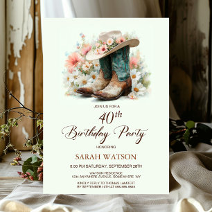 40th Birthday Cowgirl Boots and Hat Birthday Party Invitation