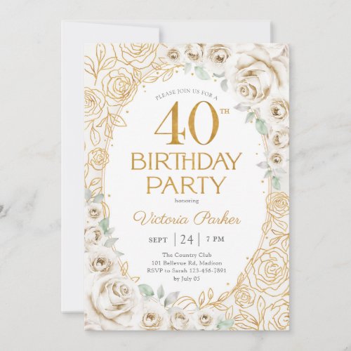 40th Birthday Cream Gold Floral Feminine Invitation