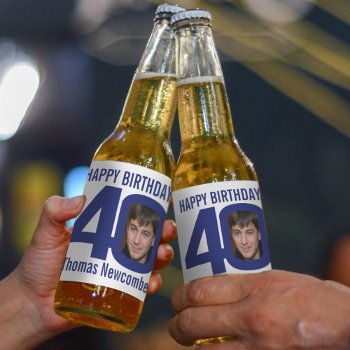 40th Birthday Custom Name Navy Blue White Photo Beer Bottle Label by Mylittleeden at Zazzle