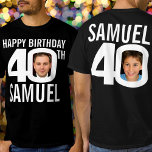 40th birthday custom name photo template white  T-Shirt<br><div class="desc">Happy 40th Birthday white text, custom front, and back photo, and name on th dark color of your choice t-shirt. Fun 40th personalized photo in bold black and contrasting white birthday tee design. Personalize this birthday shirt with two photographs of the birthday person in the middle of the number 0...</div>