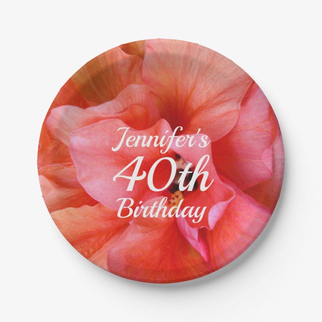 40th Birthday Custom Name Tropical Flower Photo Paper Plates (Front)