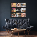 40th birthday custom photo collage black monogram faux canvas print<br><div class="desc">A unique 40th birthday gift or keepsake, celebrating her life with a collage of 8 of your photos. Add images of her family, friends, pets, hobbies or dream travel destination. Personalize and add a name, age 40 and a date. White and gray colored letters. A chic black background. This canvas...</div>