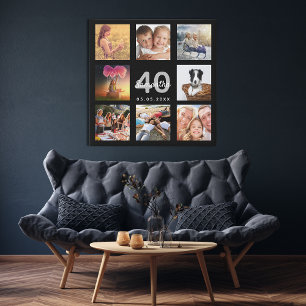40th birthday custom photo collage black monogram faux canvas print