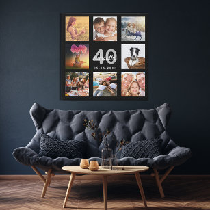 40th birthday custom photo collage black monogram faux canvas print