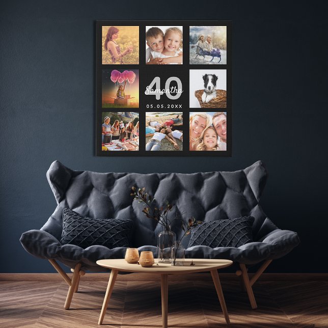 40th birthday custom photo collage black monogram faux canvas print (Creator Uploaded)
