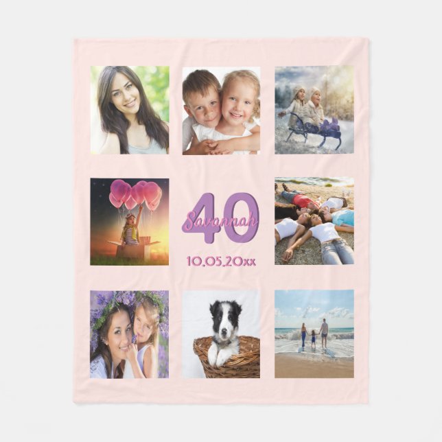 40th birthday custom photo collage rose gold pink fleece blanket (Front)