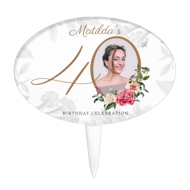 40th Birthday Custom Photo Floral Gold White Cake Topper (Front)