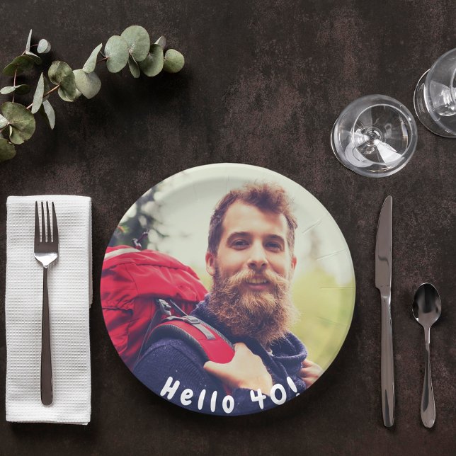 40th birthday custom photo hello 40 guys paper plates (Creator Uploaded)