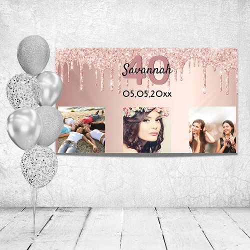 40th birthday custom photo rose gold pink glitter banner