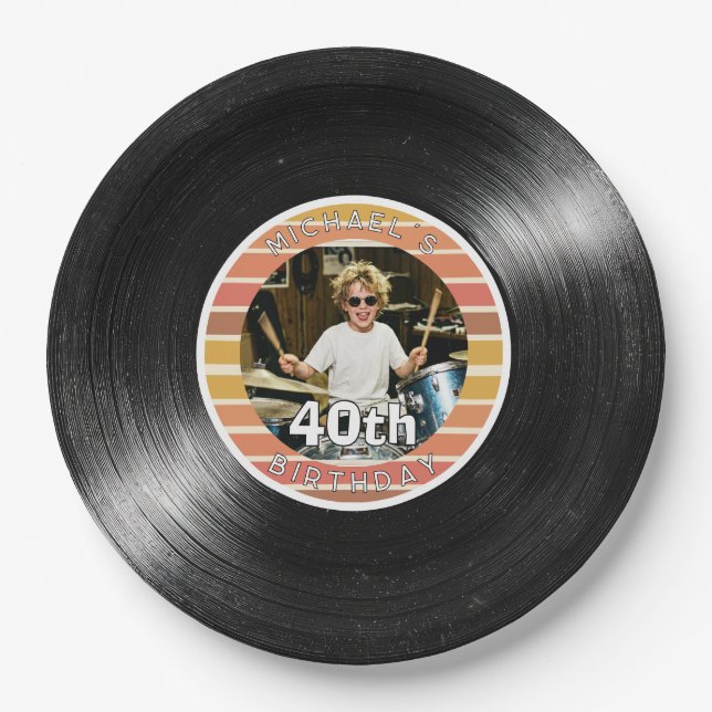 40th Birthday Custom Photo Vinyl Record Paper Plates (Front)