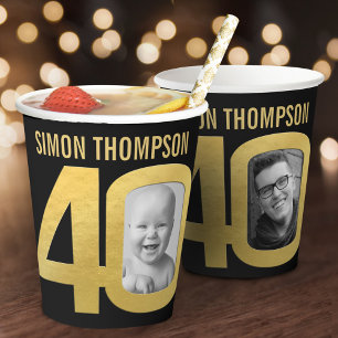 40th birthday custom two photo black and gold paper cups