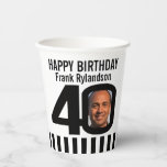 40th birthday custom two photo black white paper cups<br><div class="desc">Personalize these mono 40th birthday party paper cups with your own birthday name and two photograph in the 0 of 40. Fun text and personalized photo design. Ideal for using at a fortieth birthday party to show a photo of your birthday boy or girl now and one from their past....</div>