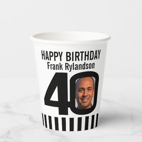 40th birthday custom two photo black white paper cups