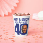40th birthday custom two photo blue white paper cups<br><div class="desc">Personalize these navy blue and white 40th birthday party paper cups with your own birthday name and two photograph in the 0 of 40. Fun text and personalized photo design. Ideal for using at a fortieth birthday party to show a photo of your birthday boy or girl now and one...</div>