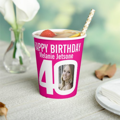 40th birthday custom two photo pink white paper cups