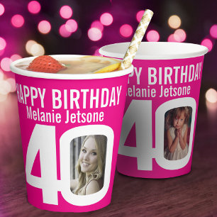 40th birthday custom two photo pink white paper cups