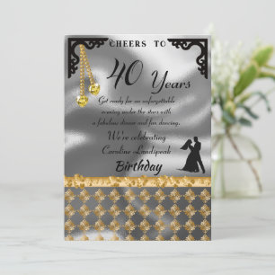 40th Birthday Dance Party Silver Foil, Yellow Hear Invitation