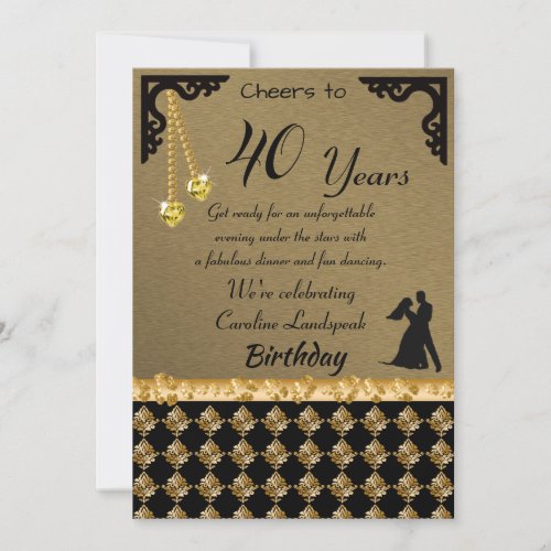 40th Birthday Dance Party Yellow Heart Gems Damask Invitation