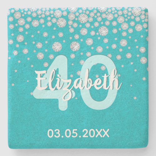 40th birthday diamonds glitter teal green stone coaster