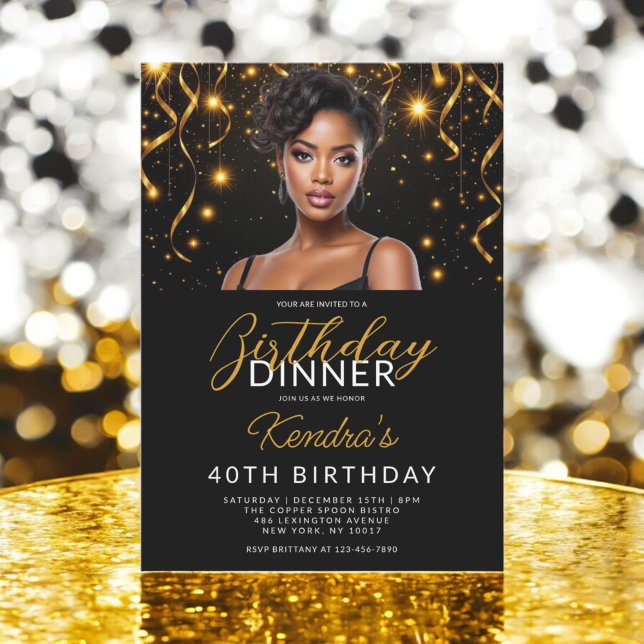 40th Birthday Dinner Gold Black Photo Instagram  Invitation (Creator Uploaded)