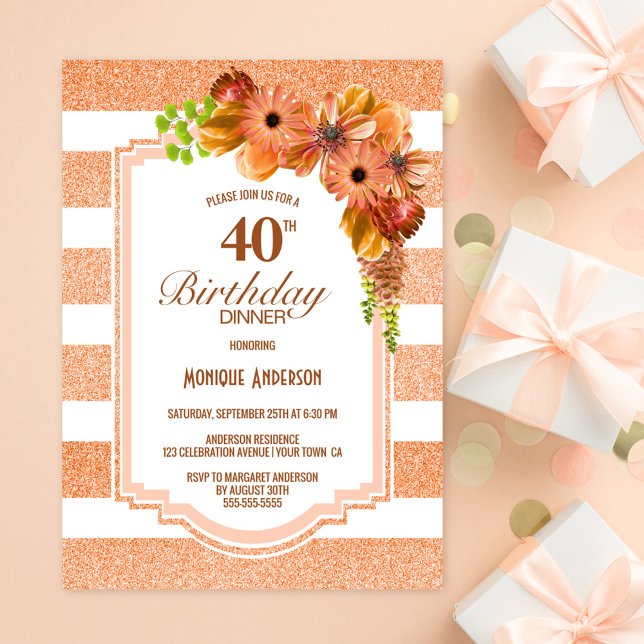 40th Birthday Dinner Orange Striped Floral Party Invitation (Creator Uploaded)