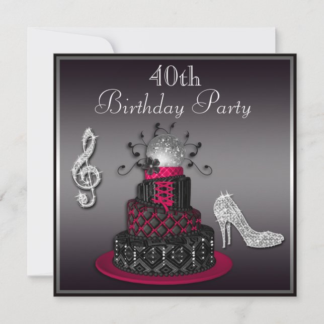 40th Birthday Disco Diva Cake and Heels Hot Pink Invitation (Front)