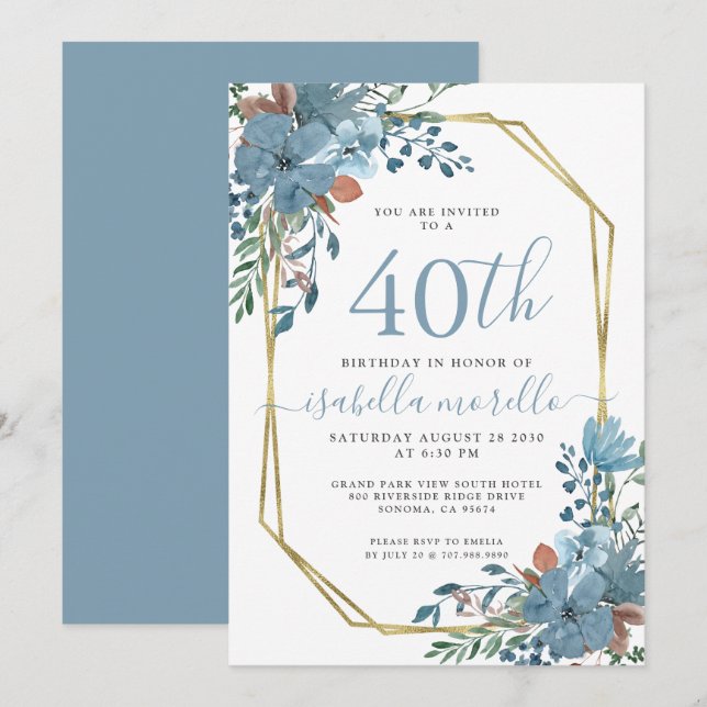 40th Birthday Dusty Blue Floral  Invitation (Front/Back)