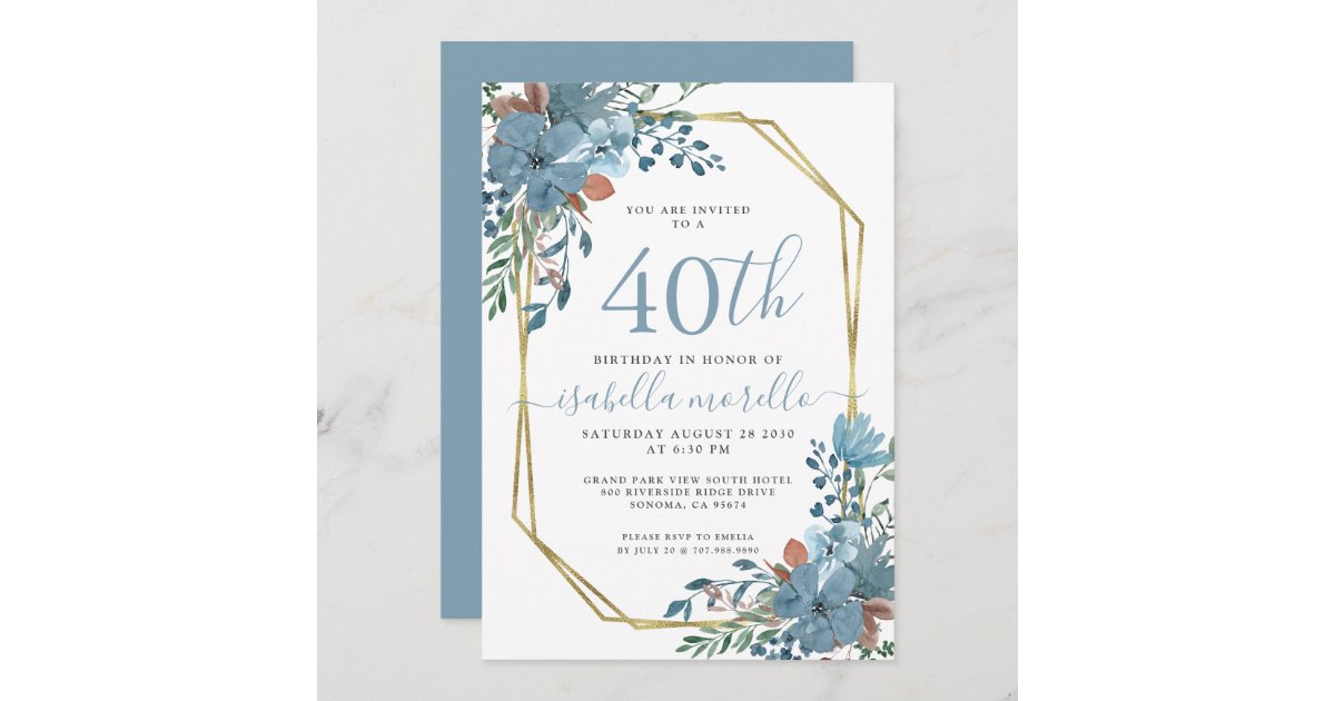 40th Birthday Dusty Blue Floral Invitation | Zazzle