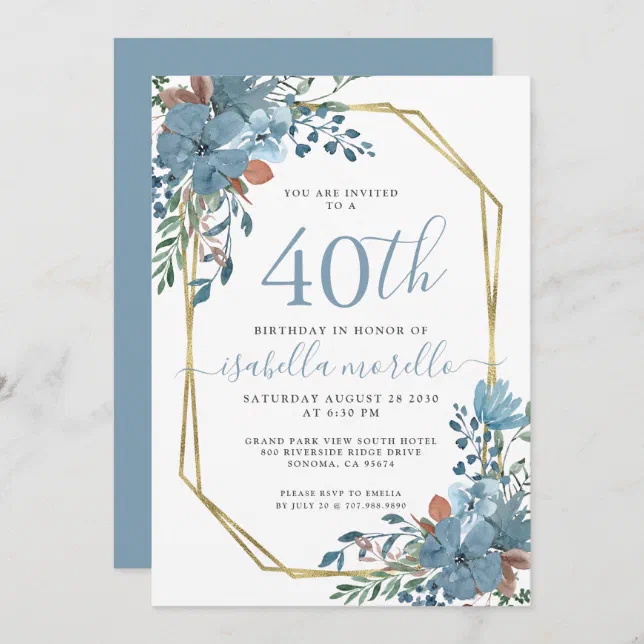 40th Birthday Dusty Blue Floral Invitation 