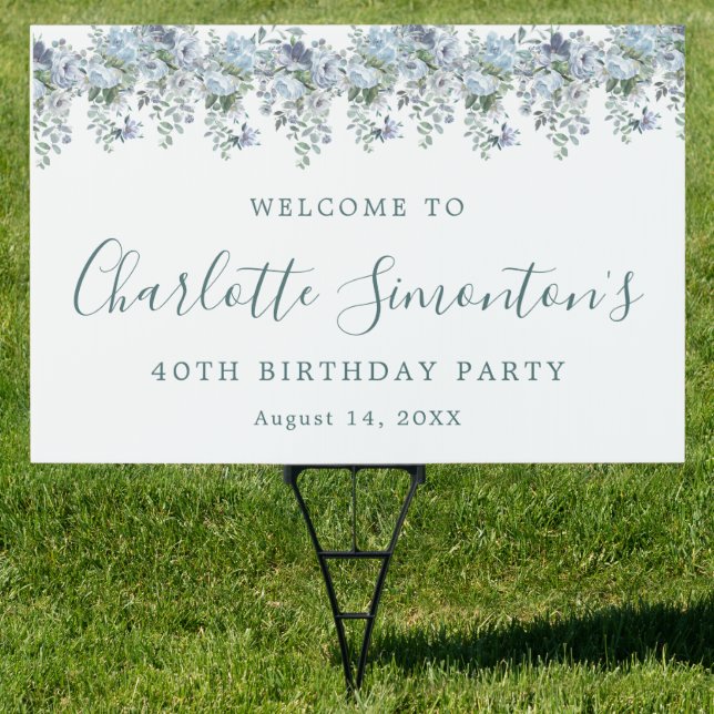 40th Birthday Dusty Blue Floral Welcome Yard Sign (Insitu)