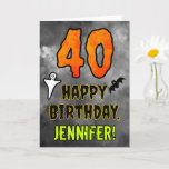 40th Birthday: Eerie Halloween Theme   Custom Name Card<br><div class="desc">The front of this spooky and scary Halloween themed birthday greeting card design features a large number “40”. It also features the message “HAPPY BIRTHDAY, ”, plus a customizable name. There are also depictions of a ghost and a bat on the front. The inside features a custom birthday greeting message,...</div>