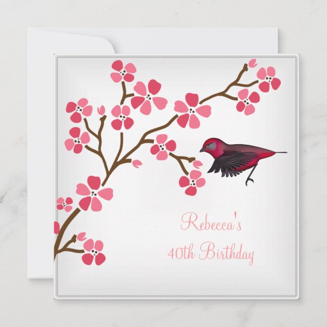 40th Birthday Elegant Asian Pink Flowers Bird 2 Invitation (Front)