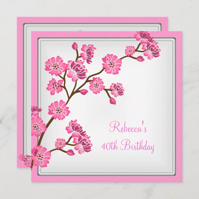 40th Birthday Elegant Asian Pink Flowers Invitation (Front/Back)
