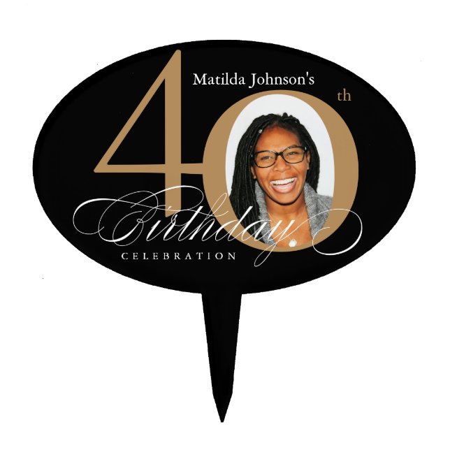 40th Birthday Elegant Black Gold Calligraphy Photo Cake Topper (Front)