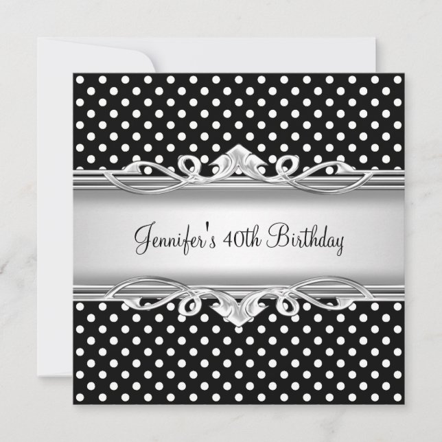 40th Birthday Elegant Black White spot Silver Invitation (Front)