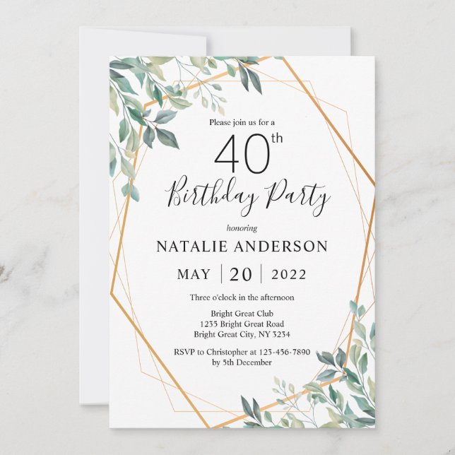 40th Birthday Elegant Eucalyptus Greenery and Gold Invitation (Front)