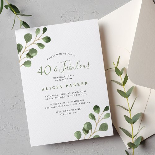 40th birthday elegant eucalyptus greenery party invitation