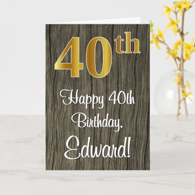 40th Birthday: Elegant Faux Gold Look #, Faux Wood Card (Yellow Flower)