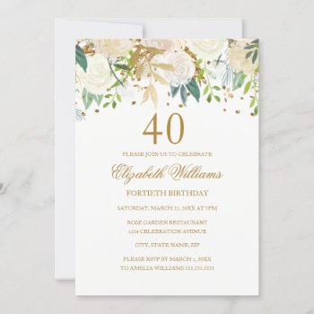 40th Birthday Elegant Gold Floral Invitation by LittleBayleigh at Zazzle