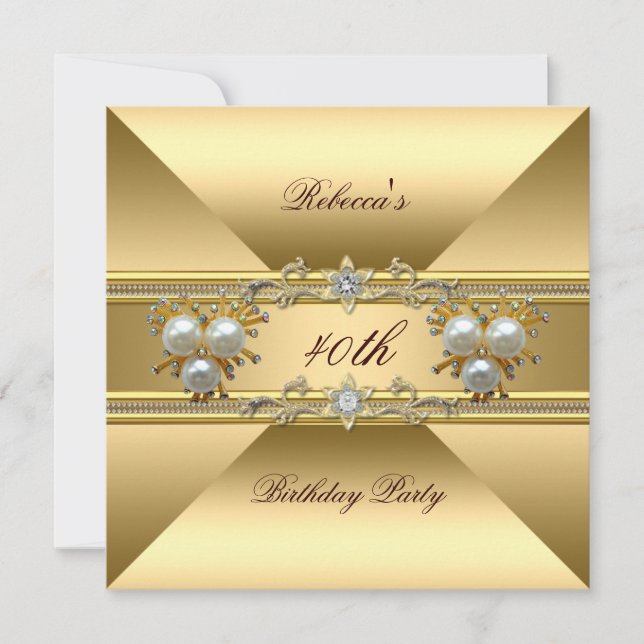 40th Birthday Elegant Gold Pearl Jewels Invite (Front)