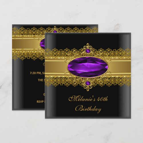 40th Birthday Elegant Lace Black Purple Gold Personalized Invitation