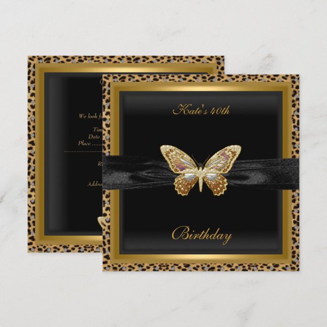40th Birthday Elegant Leopard Gold Butterfly Invitation (Front/Back)