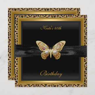 40th Birthday Elegant Leopard Gold Butterfly Invitation
