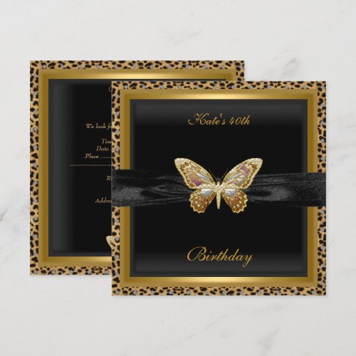40th Birthday Elegant Leopard Gold Butterfly Custom Invitations