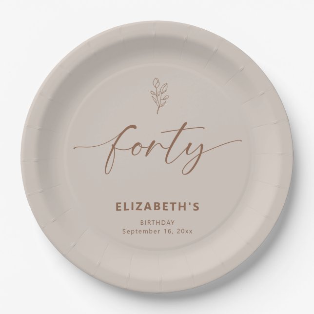 40th Birthday Elegant Minimal Boho Paper Plates (Front)